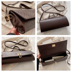 Detail views of dark brown woven leather crossbody bag with golden clasp and interior capacity