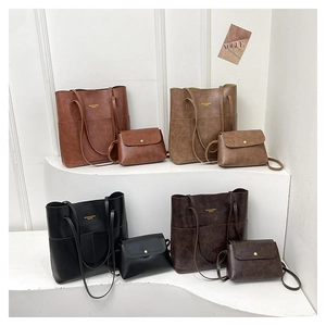 Retro faux leather tote and crossbody bag set in four colors with gold logo lettering
