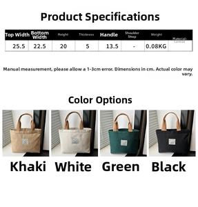 Detailed size chart and dimensions for the minimalist canvas mini tote bag with embroidery