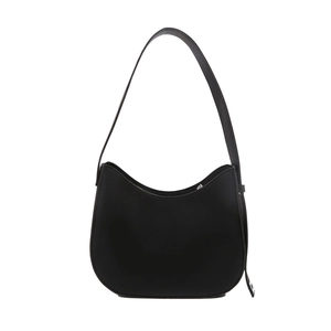 Minimalist black crescent hobo bag with smooth matte finish and sleek shoulder strap