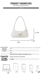 Detailed size chart and capacity guide for white PU leather shoulder baguette bag