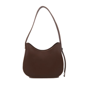 Classic dark brown minimalist hobo shoulder bag in smooth synthetic leather with long strap