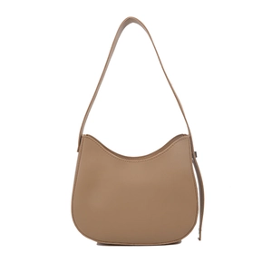 Minimalist light brown leather hobo shoulder bag with clean stitching on white background