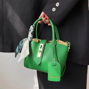 Green lychee pattern bucket bag with floral scarf handle and gold twist lock