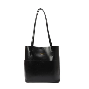Minimalist black PU leather tote bag with gold logo and spacious shoulder straps