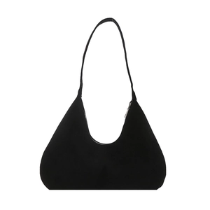 Minimalist black suede hobo bag with sleek shoulder strap and silver zipper closure