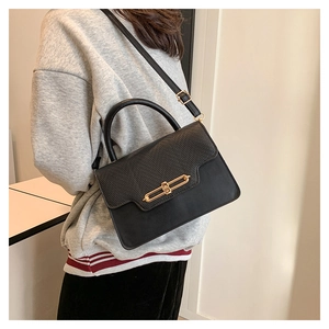 Black vintage top-handle bag with snake pattern flap and golden clasp shown on a model