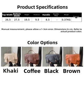 Size chart showing retro PU leather handbag dimensions with khaki and brown color options