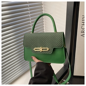 Detail of green leather handbag with snakeskin texture flap and golden metal lock