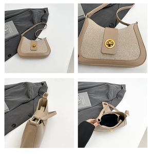 Detailed views of beige patchwork shoulder bag featuring gold metal lock and interior layout
