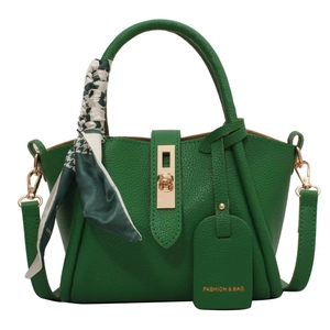 Green lychee pattern bucket bag with silk scarf handle and golden twist lock