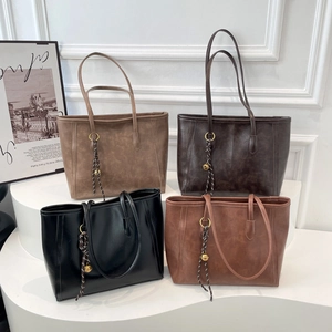 Set of four vintage minimalist tote bags in khaki, brown, black, and red-brown PU leather