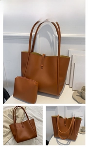 Detailed set of light brown faux leather tote bag with matching inner pouch and green lining