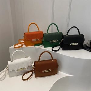 Five assorted stylish plaid small square handbags with gold clasp and textured leather