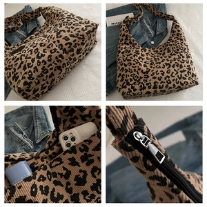 Macro views showing leopard print corduroy texture, large capacity, and metal zipper details
