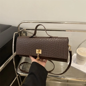Fashionable woven dark brown crossbody bag with gold lock and large capacity