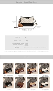 Detailed chart showing PU leather quilted shoulder bag dimensions and color options