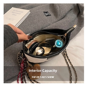 Internal view of a quilted chain bucket bag showing storage space for cosmetics