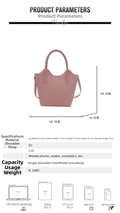 Pink PU bucket bag size diagram showing 23.5cm width with adjustable 115cm strap details