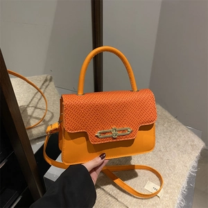 Retro orange woven PU leather handbag with gold lock and crossbody strap for women