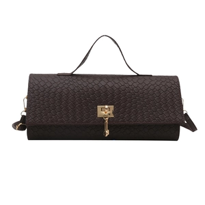 Dark brown woven rectangle handbag with gold hardware and a detachable shoulder strap