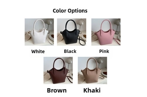 Grid view of minimalist bucket bags in white, black, pink, brown, and khaki colors