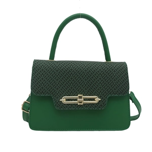 Green leather crossbody square bag with woven texture lid and golden metal buckle