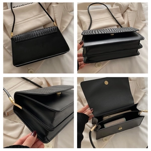 Detailed views of black textured shoulder bag showing woven flap and internal compartments