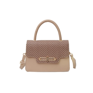 Women's chic contrast color handbag with beige leather and brown herringbone fabric