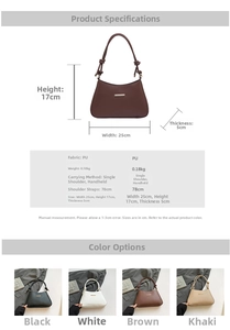 Detailed size chart of small PU leather baguette bag with knotted shoulder strap details