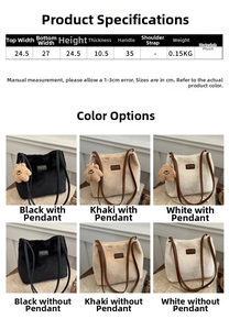 Size chart and dimensions for the plush bucket bag with product specifications