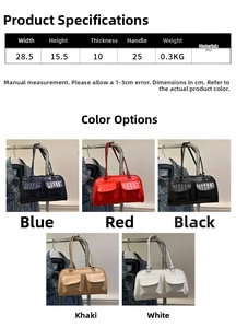 Infographic showing dimensions and five color options of crocodile pattern shoulder bags