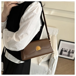Detail of vintage gold clasp on brown leather shoulder bag with smooth finish