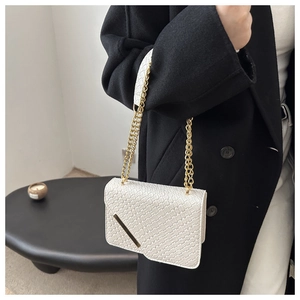 Détail de la texture tissée blanche et barre dorée sur le sac à chaîne pour femme