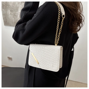 Detail of white woven texture shoulder bag with gold chain strap on black coat