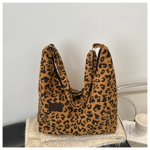 Women Leopard Print Corduroy Large Capacity Tote Bag Retro Shoulder Handbag Casual Fashion Shopper Soft