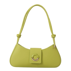 Minimalist lime green leather underarm bag with modern metal buckle and knot strap detail