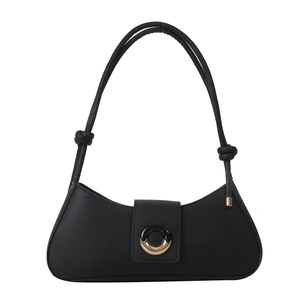 Minimalist black leather baguette shoulder bag with stylish dual-tone ring buckle closure