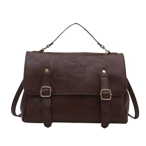 Vintage dark brown PU leather messenger tote bag with buckle straps and embossed lettering