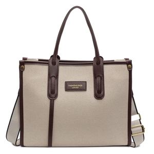 Grand sac cabas en toile beige avec garniture en cuir marron et bandoulière amovible