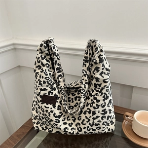 Stylish leopard print corduroy tote bag with large capacity and Fashion logo patch
