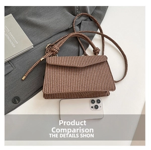 Brown woven texture crossbody bag shown next to a smartphone for size comparison
