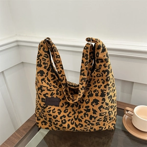 Leopard Print Tote Bag Corduroy Large Capacity Retro Shoulder Bag Women Casual Fashion Patch Handbag