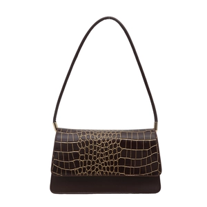 Elegant dark brown crocodile-effect shoulder bag with golden texture for women