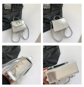 Multi-angle views of silver mini handbag with bow detail and adjustable straps