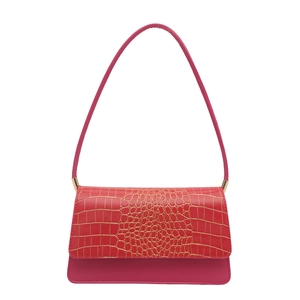 Fashionable magenta crocodile-embossed faux leather shoulder bag with gold accents