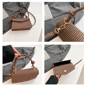 Collage of brown striped flap bag featuring woven handles and gold metal hardware