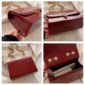 Detailed views of red glossy shoulder bag with gold chain strap and metal buckle