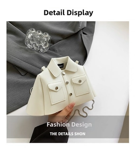 Close-up of a creative shirt-shaped crossbody bag in cream white with collar details