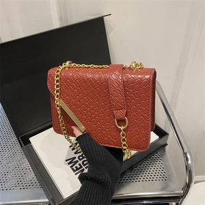Chic reddish-brown woven texture crossbody bag with gold chain strap for women